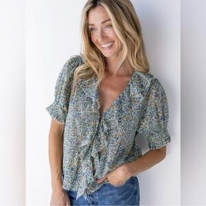 Natural Life My Favorite Cotton Floral Ruffle Top Peasant Blouse Size XLarge